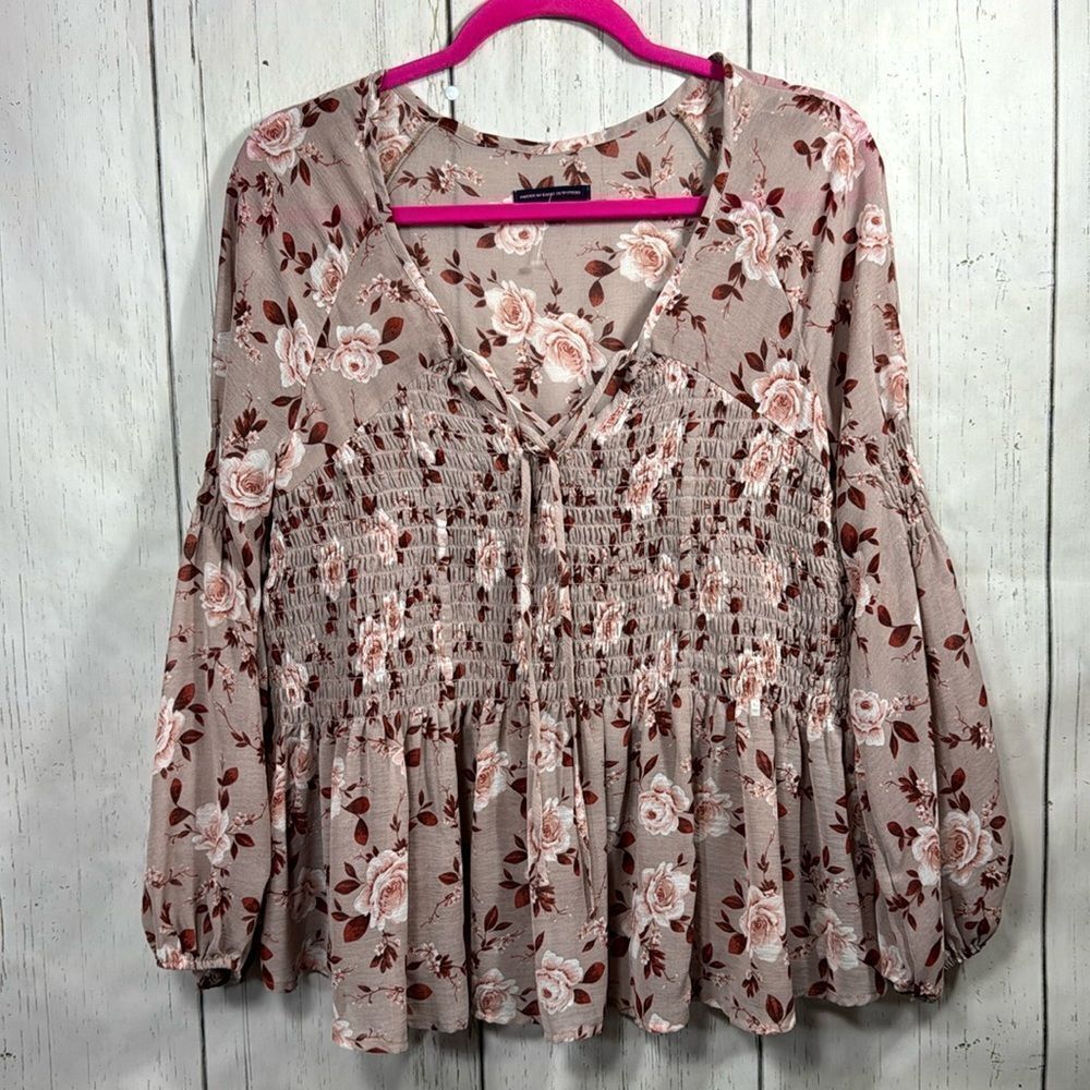 American Eagle Outfitters Babydoll Smocked V Neck Floral Peasant Pink Top Blouse